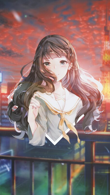 Anime Girl in School Uniform — Red, Dramatic, Sunset, Digital Art, City Skyline