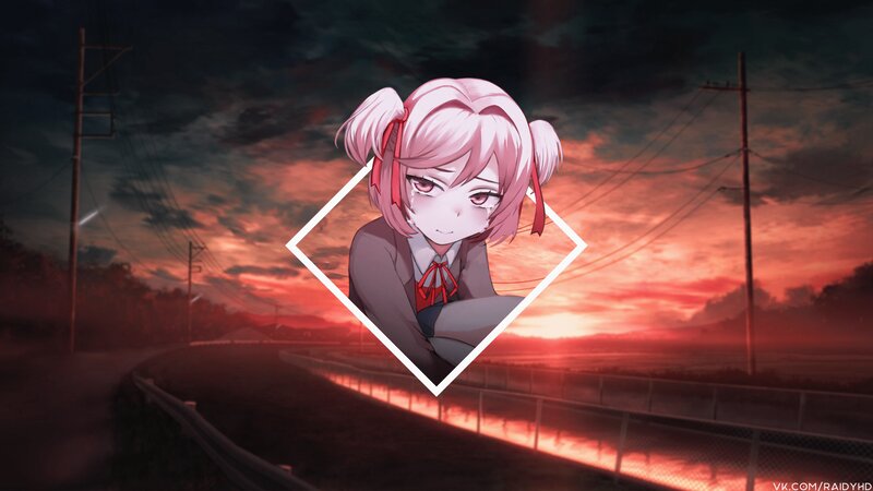 Anime Girl in School Uniform — Red, Dramatic, Sunset, Digital Art