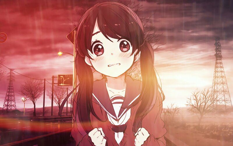 Anime Girl in School Uniform — Red, Dramatic, Sunset, Rain
