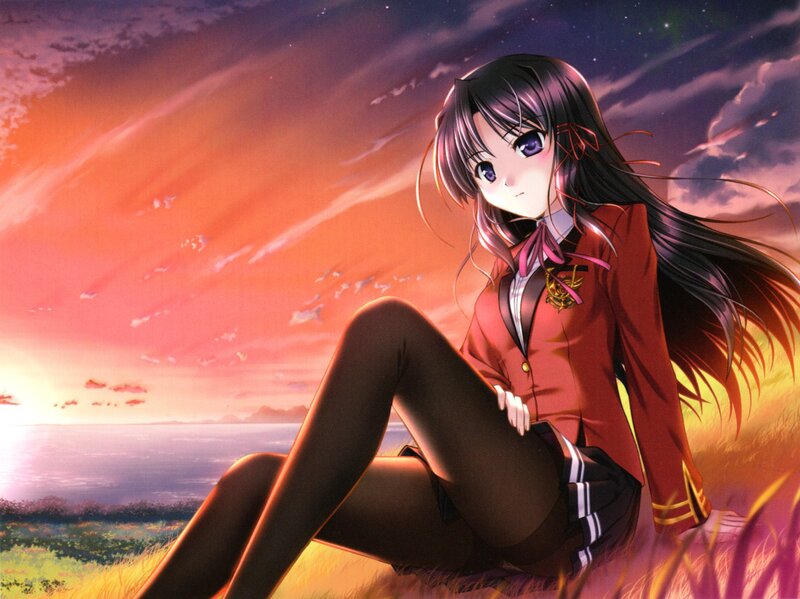 Anime Girl in School Uniform — Red, Dramatic, Sunset