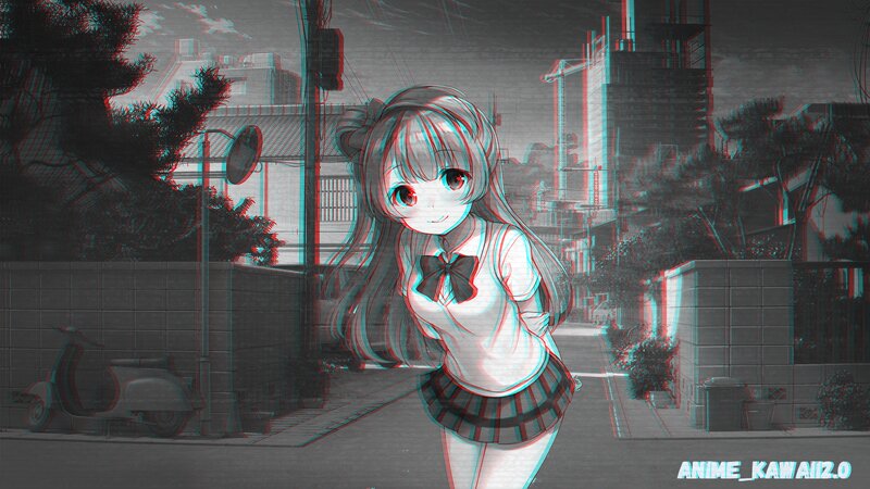 Anime Girl in School Uniform — Red, Dreamy, Digital Art