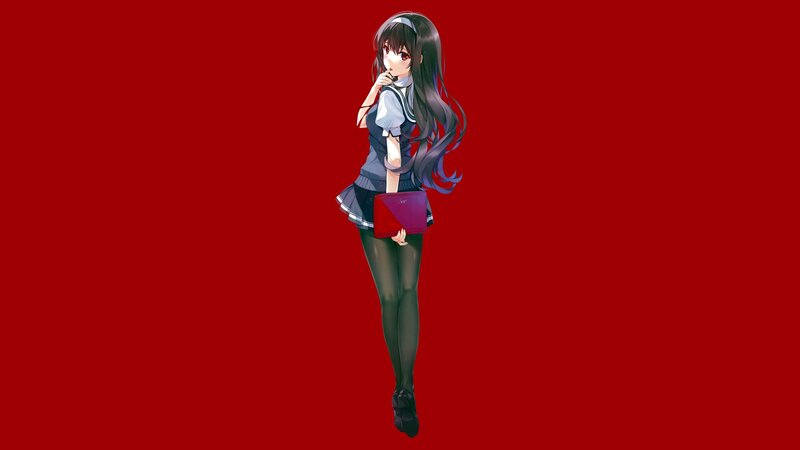 Anime Girl in School Uniform — Red, Neutral, School Uniform, Laptop