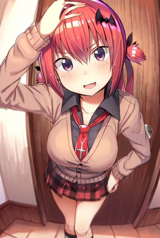 Anime Girl in School Uniform — Red, Playful, Afternoon, School Uniform
