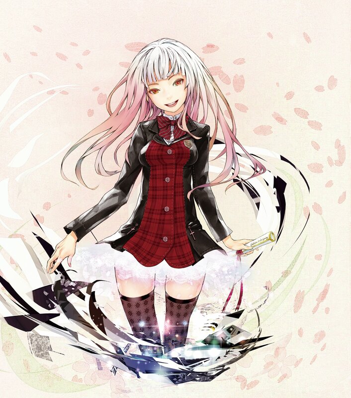 Anime Girl in School Uniform — Red, Playful, Spring, School Uniform, Cherry Blossoms