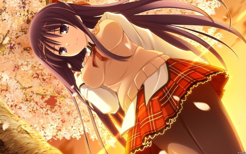 Anime Girl in School Uniform — Red, Serene, Spring, Cherry Blossoms, School Uniform