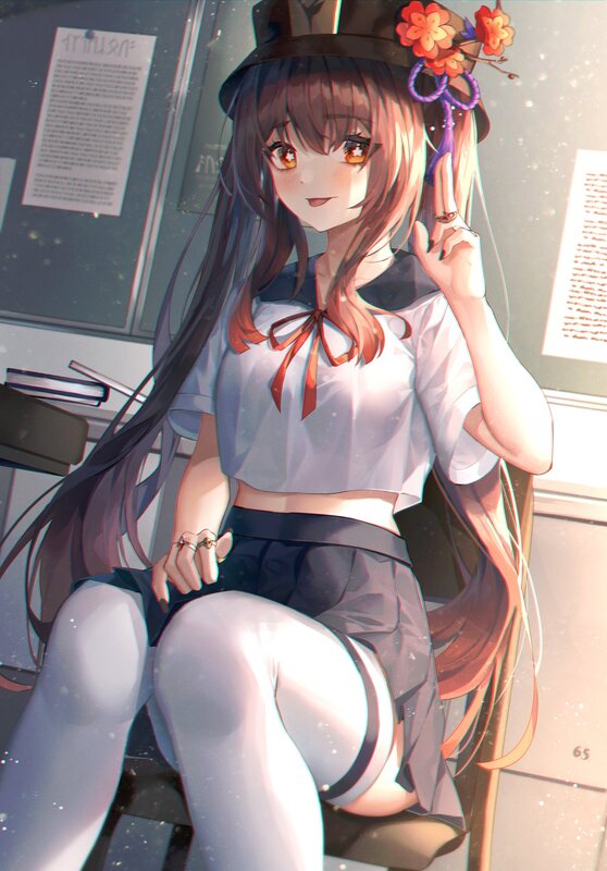 Anime Girl in School Uniform — White, Calm, Afternoon, Digital Art, Hat