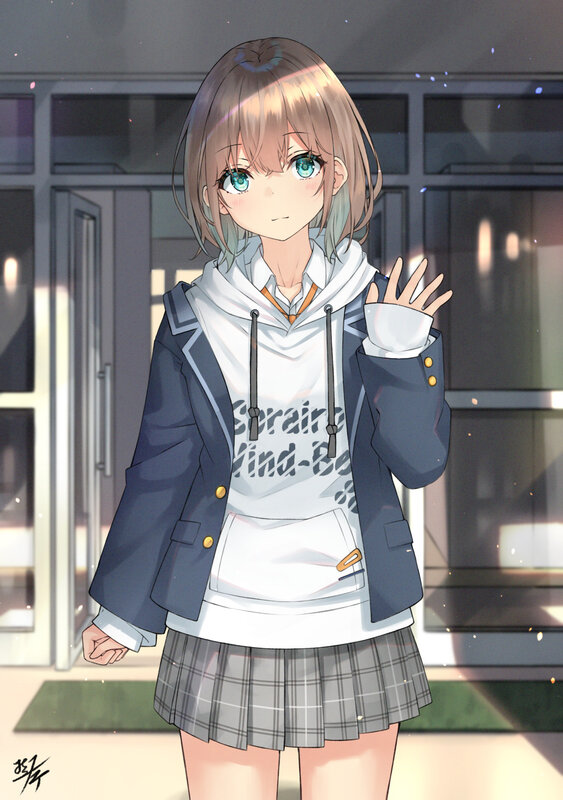 Anime Girl in School Uniform — White, Calm, Afternoon, Digital Art, School Building