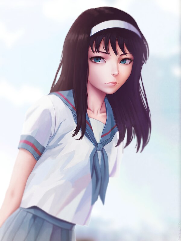 Anime Girl in School Uniform — White, Calm, Afternoon, Digital Art