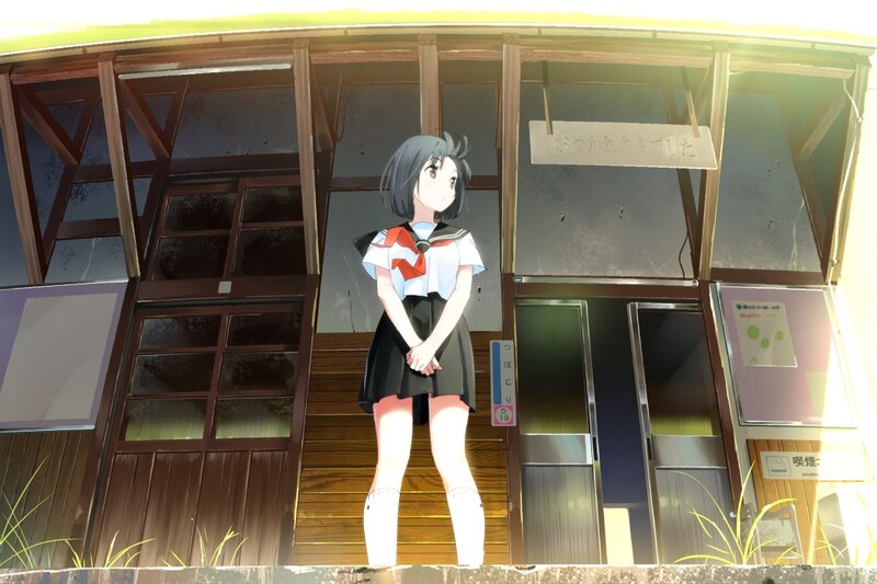 Anime Girl in School Uniform — White, Calm, Afternoon, School Building