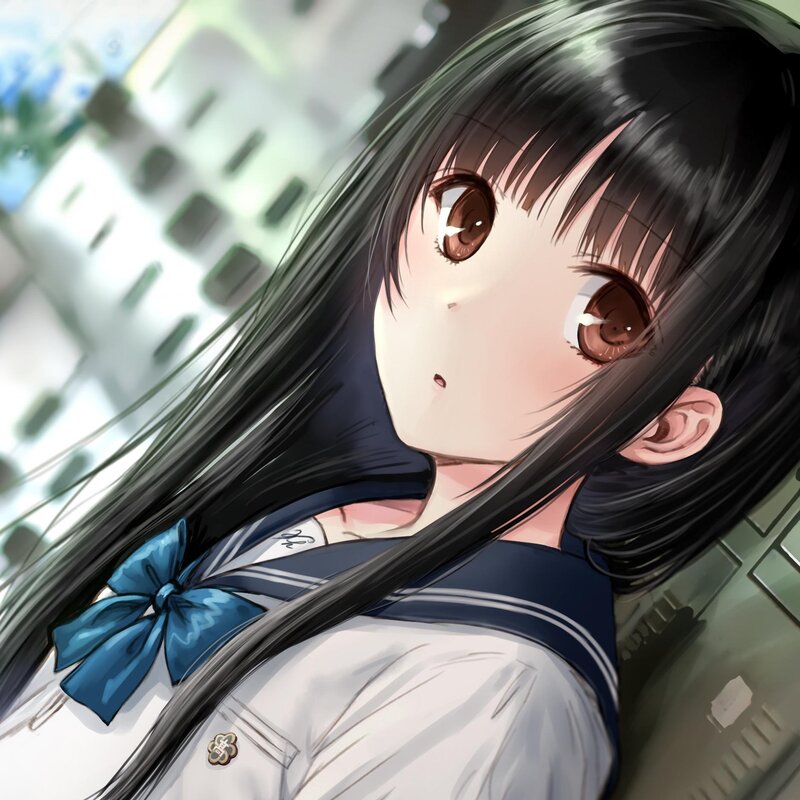 Anime Girl in School Uniform — White, Calm, Afternoon, School Uniform, Blue Bow