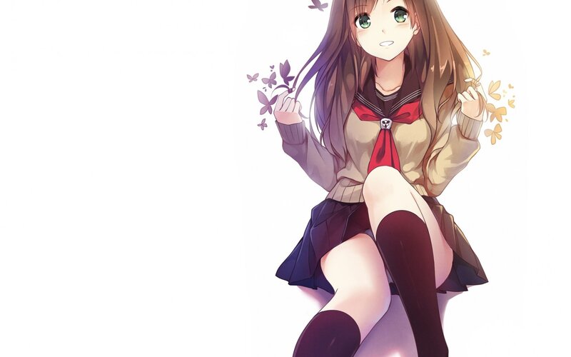 Anime Girl in School Uniform — White, Calm, Butterflies