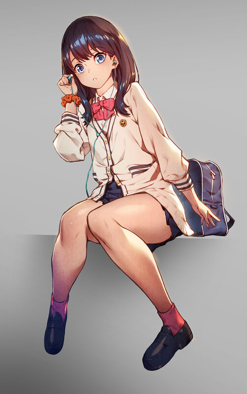 Anime Girl in School Uniform — White, Calm, Digital Art, Earbuds