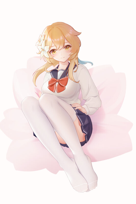 Anime Girl in School Uniform — White, Calm, Digital Art, Flower
