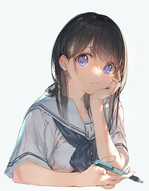 Anime Girl in School Uniform — White, Calm, Digital Art, Pen