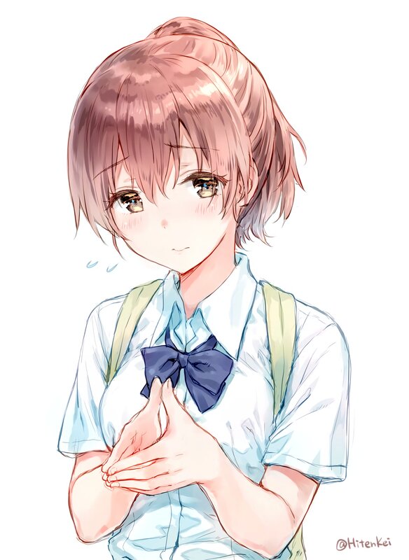 Anime Girl in School Uniform — White, Calm, Digital Art, School Uniform, Backpack Straps, Bow Tie