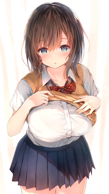 Anime Girl in School Uniform — White, Calm, Digital Art, School Uniform, Blue Eyes, Brown Hair