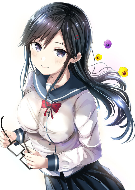 Anime Girl in School Uniform — White, Calm, Glasses, Flowers