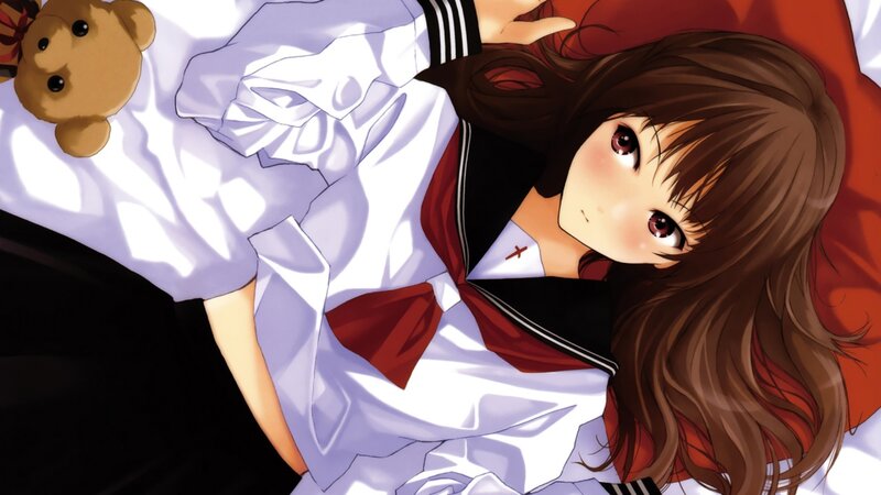 Anime Girl in School Uniform — White, Calm, Manga, Teddy Bear