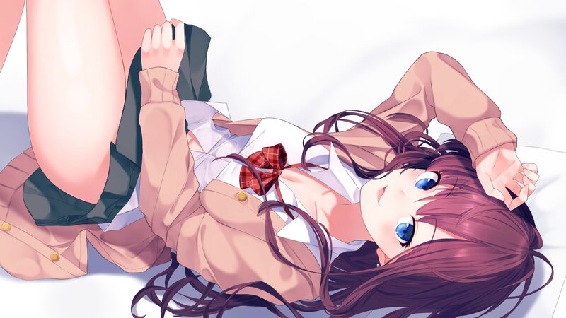 Anime Girl in School Uniform — White, Calm, School Uniform, Bed, Blue Eyes