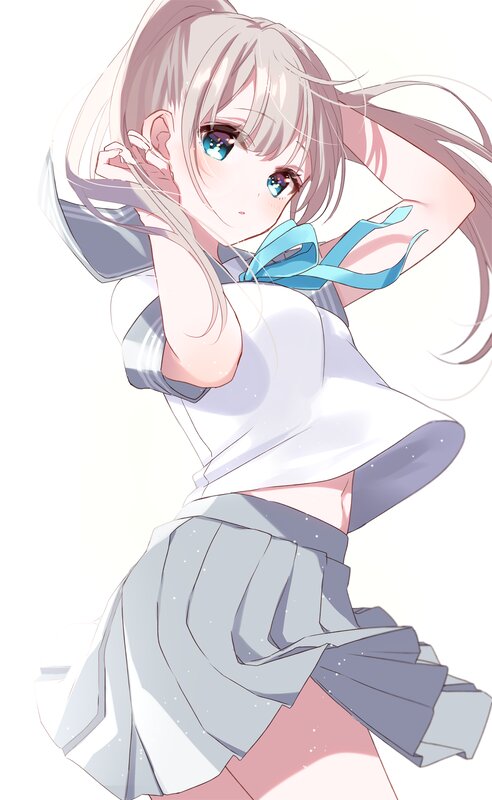 Anime Girl in School Uniform — White, Calm, School Uniform, Blue Bow