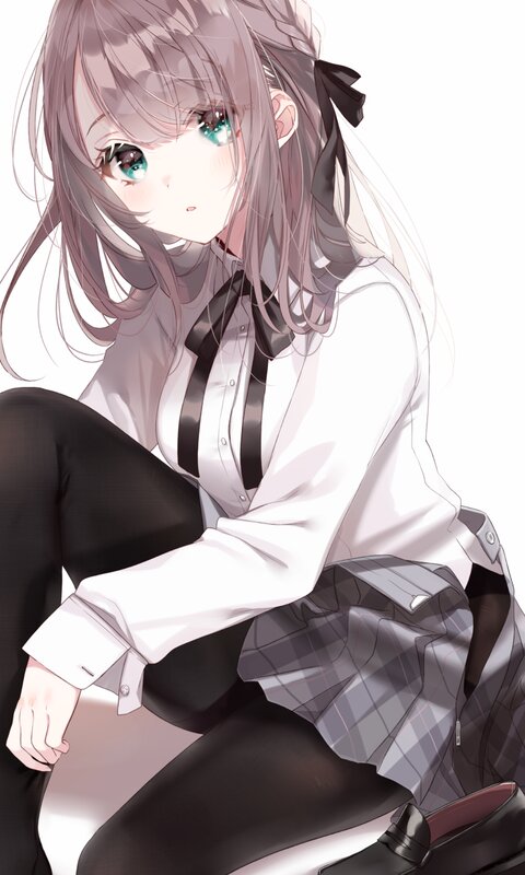 Anime Girl in School Uniform — White, Calm, School Uniform, Plaid Skirt, Black Bow