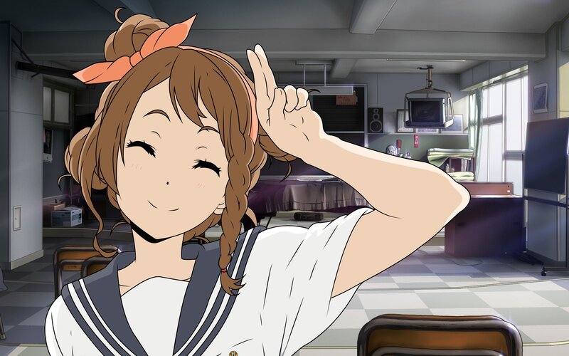 Anime Girl in School Uniform — White, Cheerful, Afternoon, School Room