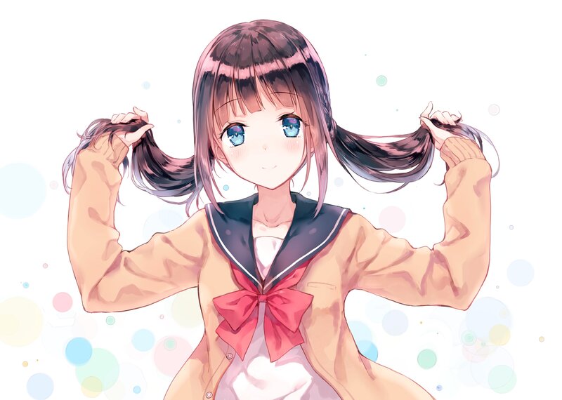 Anime Girl in School Uniform — White, Cheerful, School Uniform, Pigtails, Blue Eyes