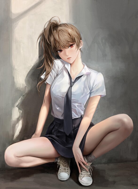 Anime Girl in School Uniform — White, Dramatic, Digital Art, School Uniform, Sneakers