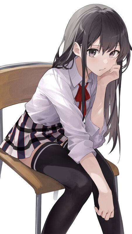 Anime Girl in School Uniform — White, Neutral, Digital Art, Chair