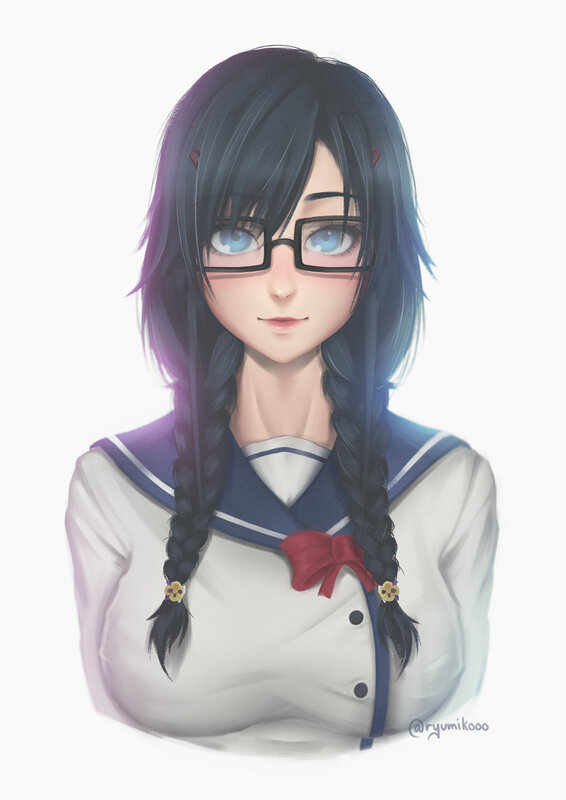 Anime Girl in School Uniform — White, Neutral, Digital Art, Glasses