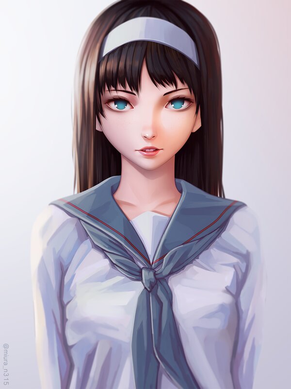 Anime Girl in School Uniform — White, Neutral, Digital Art, Headband