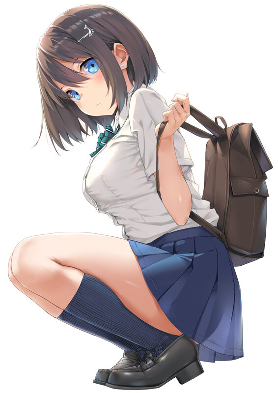 Anime Girl in School Uniform — White, Neutral, Digital Art, School Bag, Blue Eyes