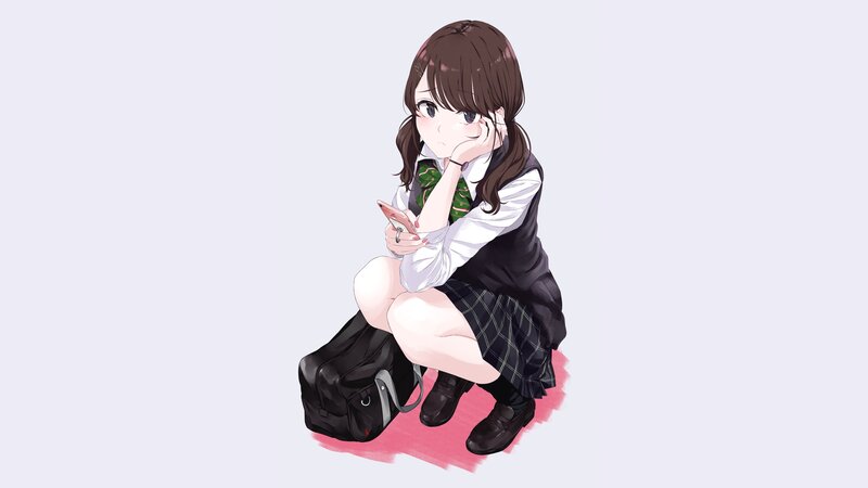 Anime Girl in School Uniform — White, Neutral, Digital Art, School Bag
