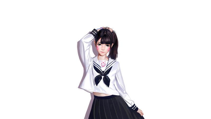 Anime Girl in School Uniform — White, Neutral, Digital Art, School Uniform, Ponytail