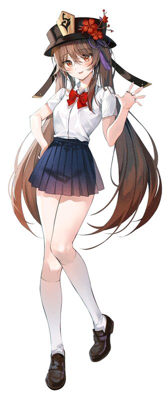 Anime Girl in School Uniform — White, Playful, Digital Art, Hat