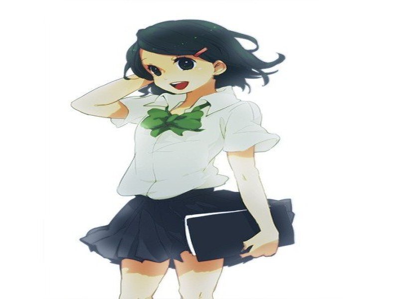 Anime Girl in School Uniform — White, Playful, School Uniform, Green Bow