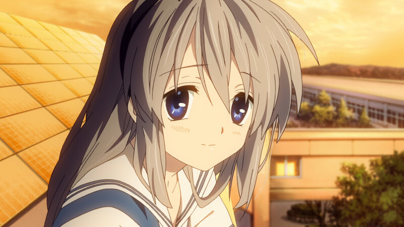 Anime Girl in School Uniform — Yellow, Calm, Sunset, School Building