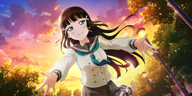 Anime Girl in School Uniform — Yellow, Dramatic, Sunset, School Uniform, Trees