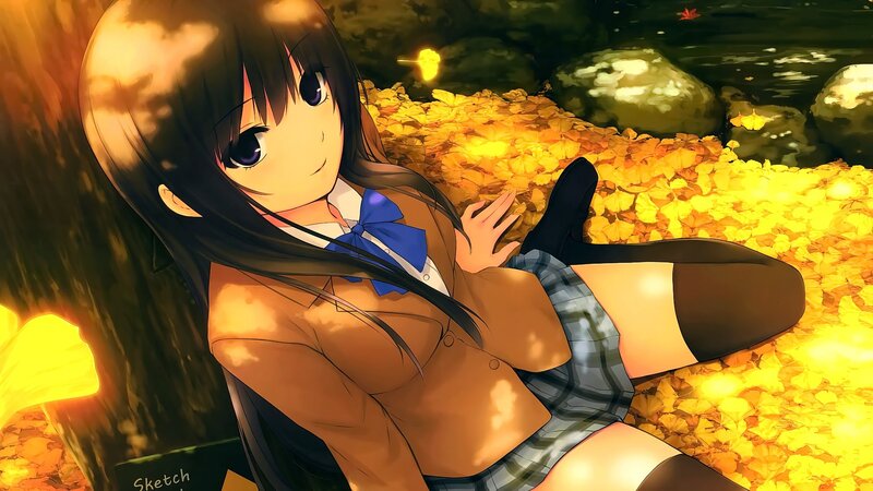 Anime Girl in School Uniform — Yellow, Serene, Autumn