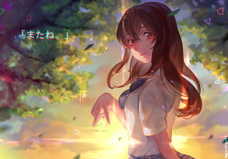 Anime Girl in School Uniform — Yellow, Serene, Sunset, Digital Art
