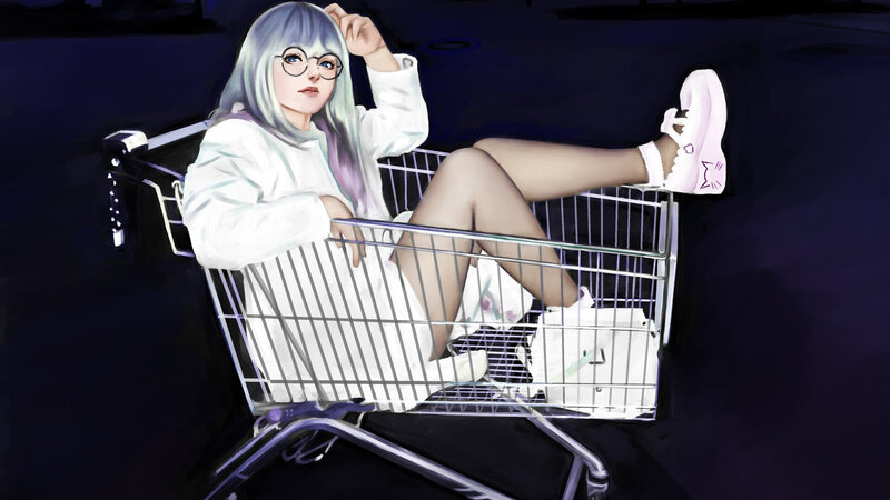 Anime Girl in Shopping Cart — Purple