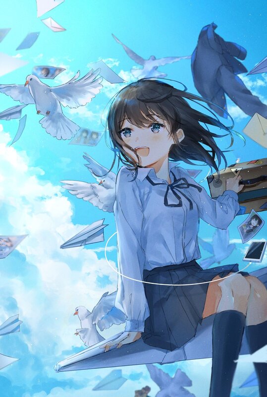 Anime Girl in Sky — Blue, Serene, Afternoon, Digital Art
