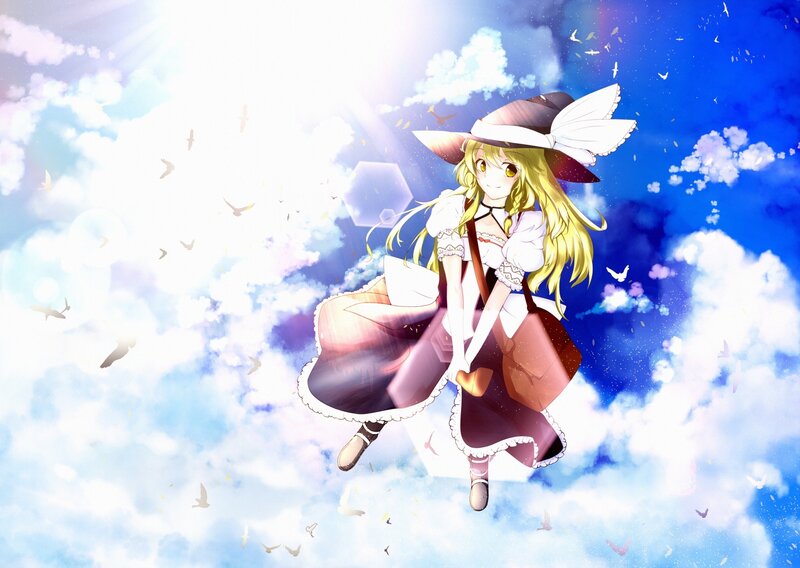 Anime girl in sky with birds