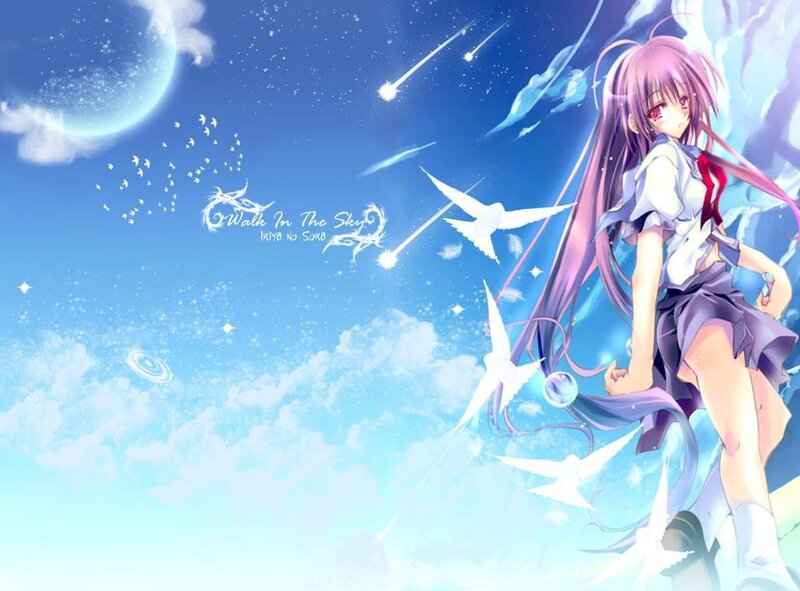 Anime girl in sky with birds