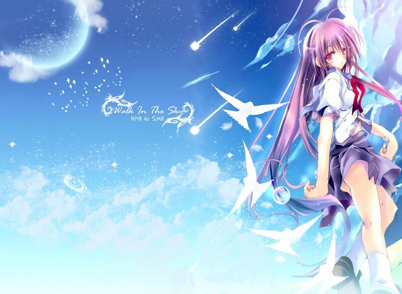 Anime girl in sky with birds