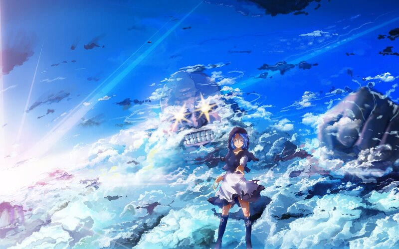 Anime girl in sky with giant skull