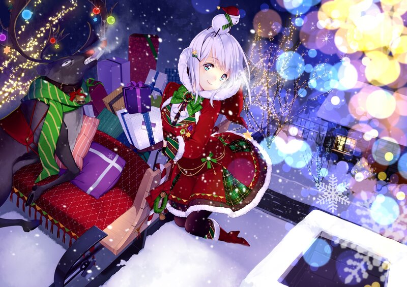 Anime Girl in Sleigh — Red, Festive