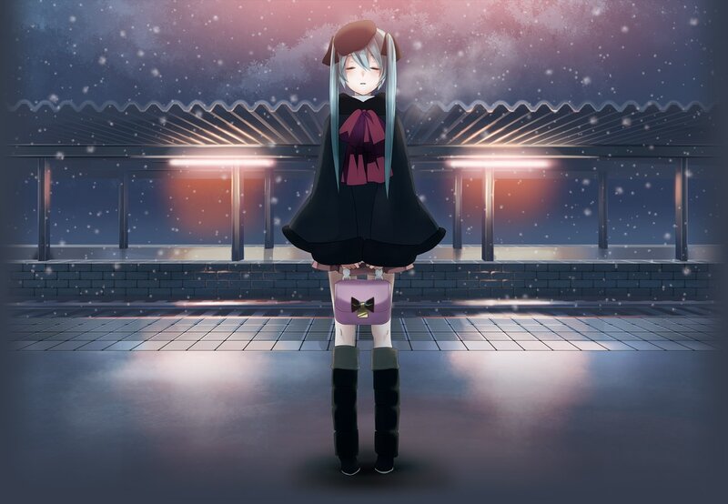 anime girl in snow at night