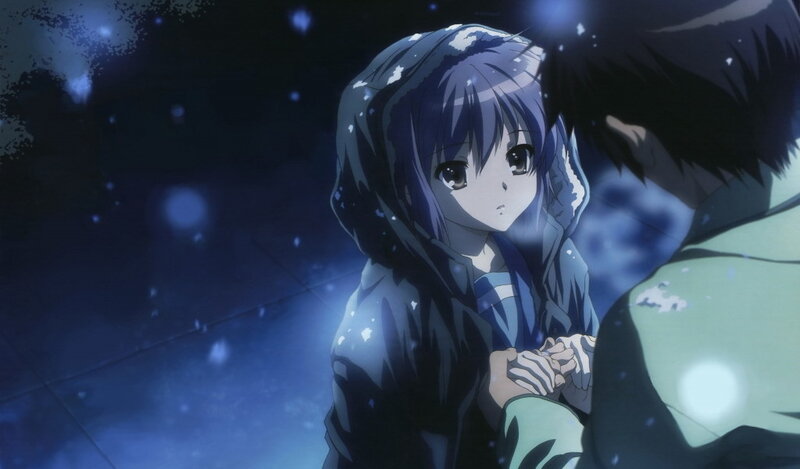 anime girl in snow at night