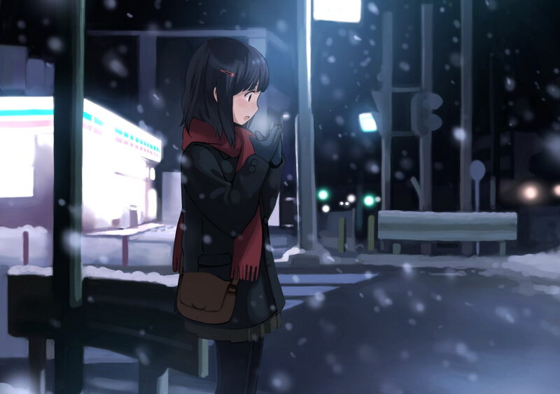 Anime Girl in Snow — Black, Cold